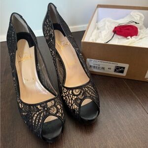 Christian Louboutin Black Lace Peep-Toe Pumps